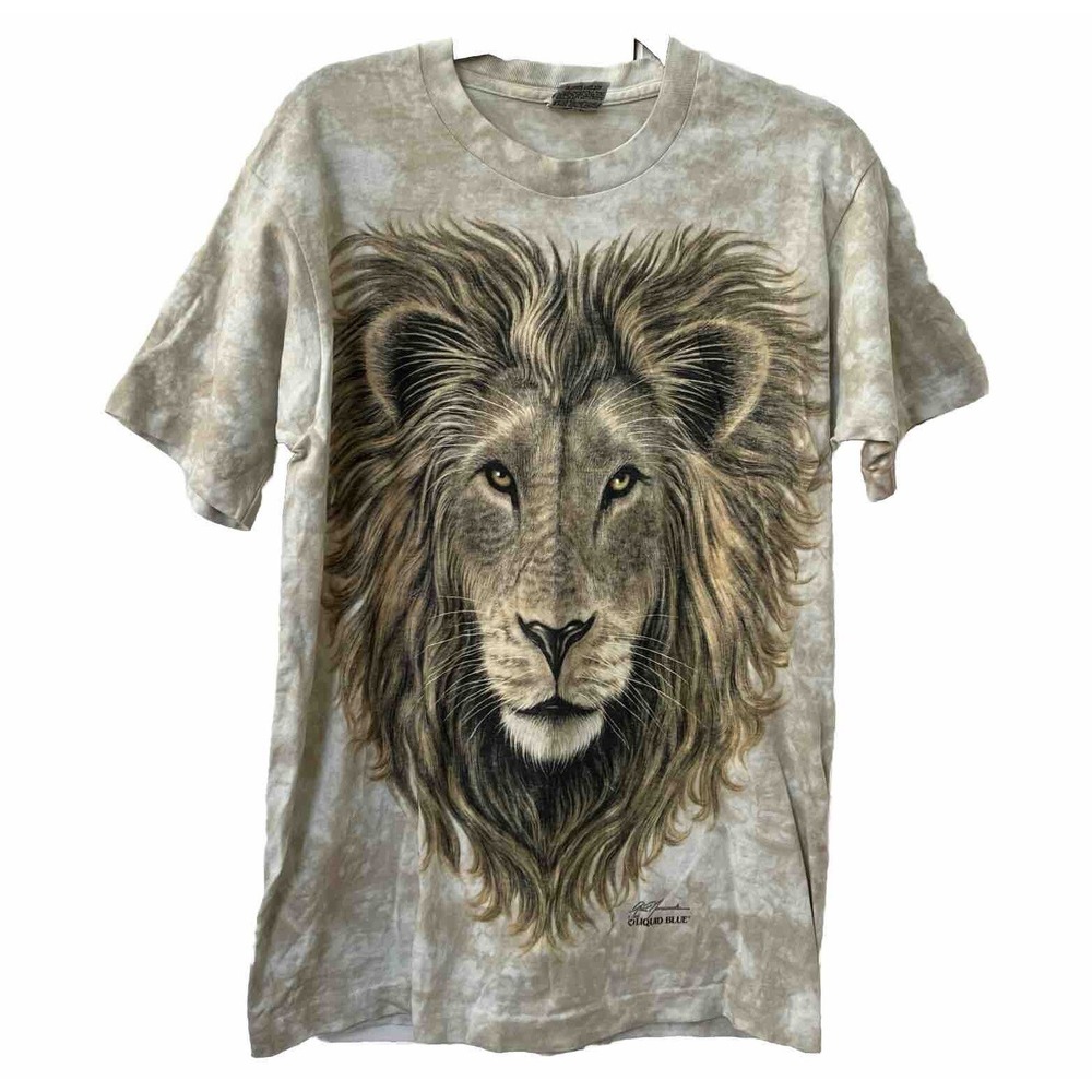 Vintage Liquid Blue T-shirt Lion Africa Map Large Cotton Made in USA 90s Tie Dye